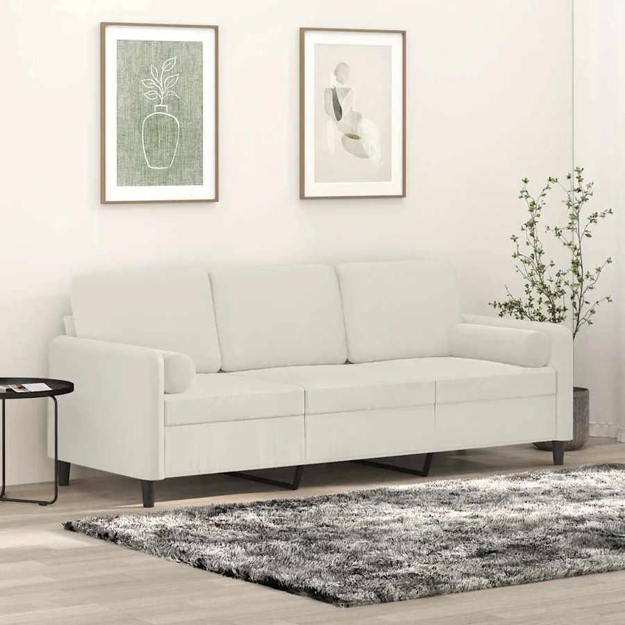 Canapé 3 places avec oreillers décoratifs crème 180 cm velours