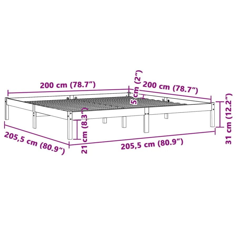 Cadre de lit sans matelas cire marron 200x200cm bois pin massif - 8