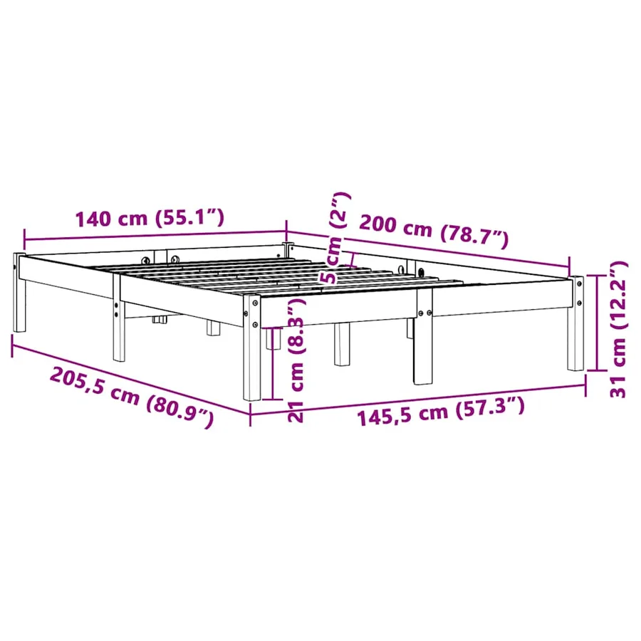 Cadre de lit sans matelas cire marron 140x200cm bois pin massif - 8