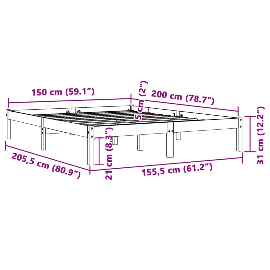Cadre de lit sans matelas cire marron 150x200cm bois pin massif - 8