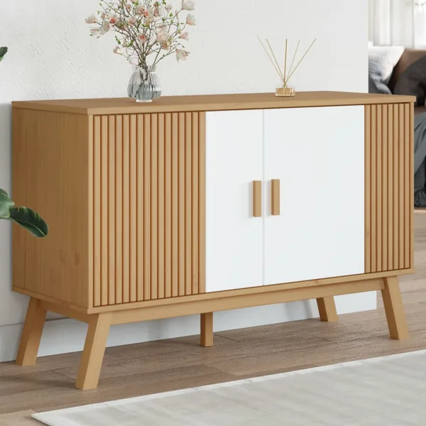 Buffet OLDEN blanc et marron 114x43x73,5 cm bois massif de pin