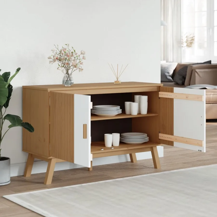 Buffet OLDEN blanc et marron 114x43x73,5 cm bois massif de pin - 4