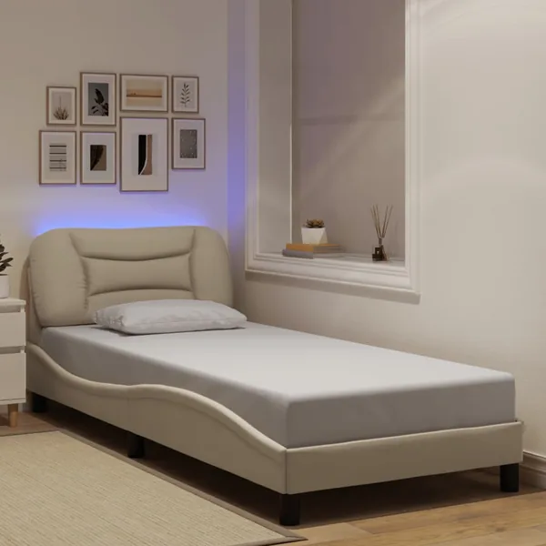 Cadre de lit avec LED sans matelas Hvar crème 80x200 cm tissu