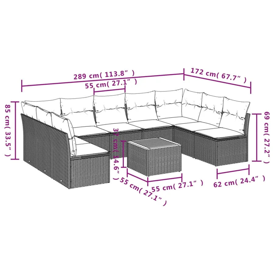 Salon de jardin et coussins 10 pcs mélange beige résine tressée - 10