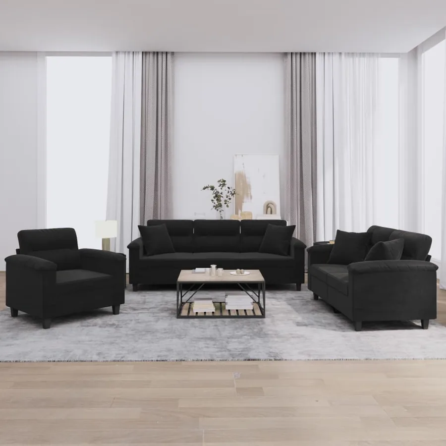 Ensemble de canapés 3 pcs avec coussins Noir Tissu microfibre