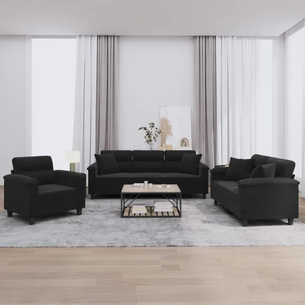 Ensemble de canapés 3 pcs avec coussins Noir Tissu microfibre