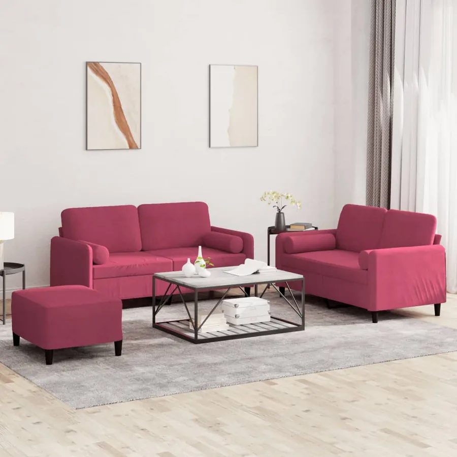 Ensemble de canapés 3 pcs avec coussins rouge bordeaux velours