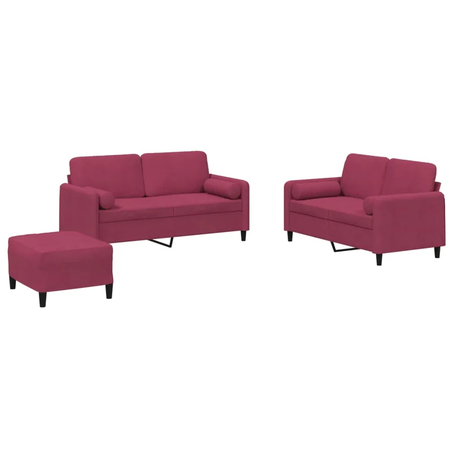 Ensemble de canapés 3 pcs avec coussins rouge bordeaux velours - 2