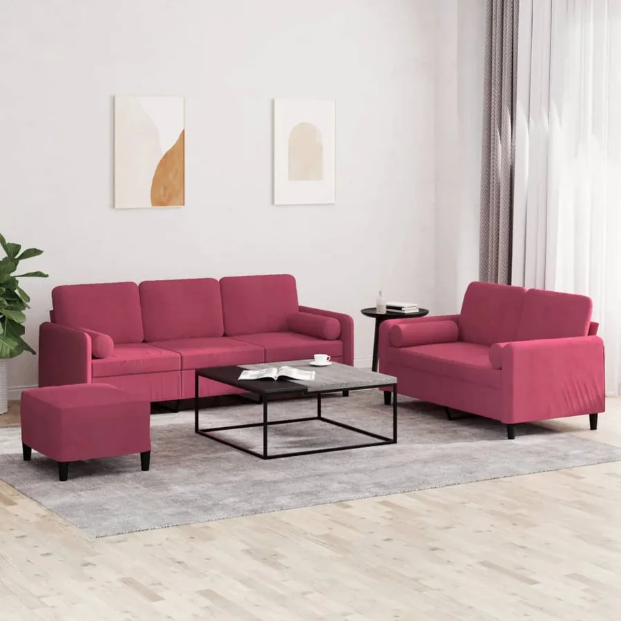 Ensemble de canapés 3 pcs avec coussins rouge bordeaux velours