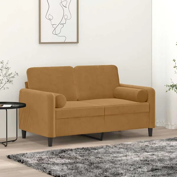 Canapé 2 places avec oreillers décoratifs brun 120 cm velours