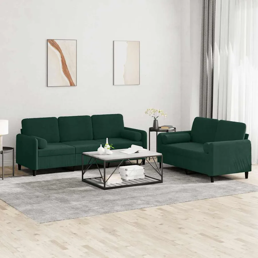 Ensemble de canapés 2 pcs avec coussins vert foncé velours