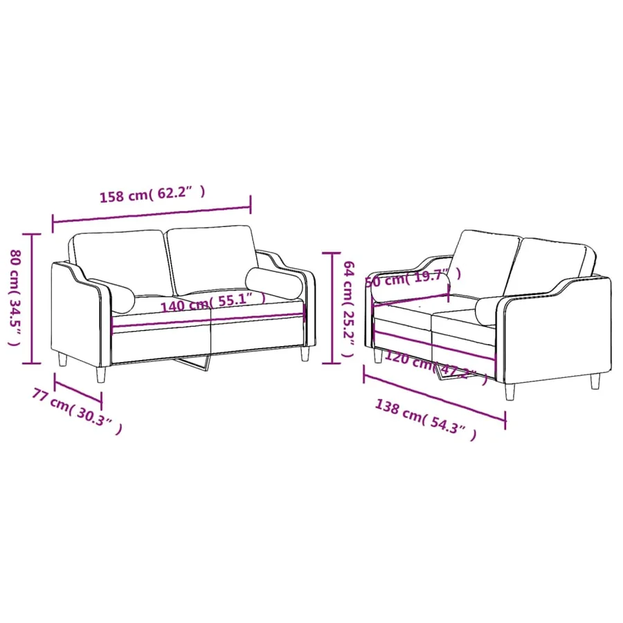 Ensemble de canapés 2 pcs avec coussins marron tissu - 8
