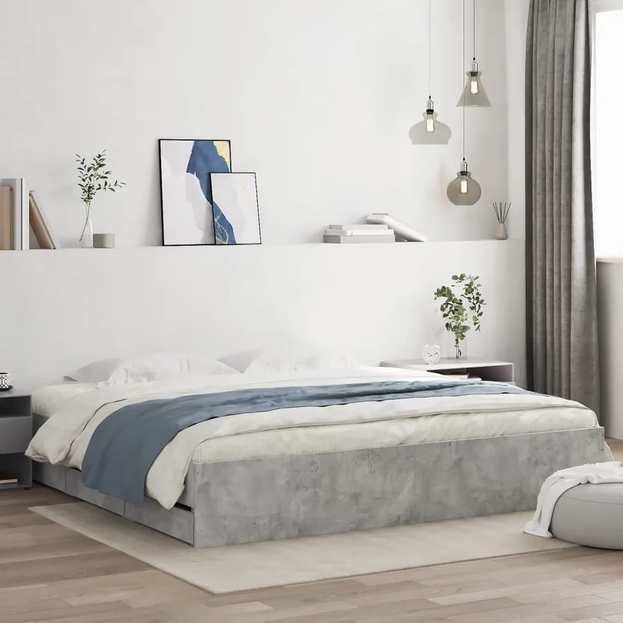 Cadre de lit avec tiroirs sans matelas gris béton 200x200 cm