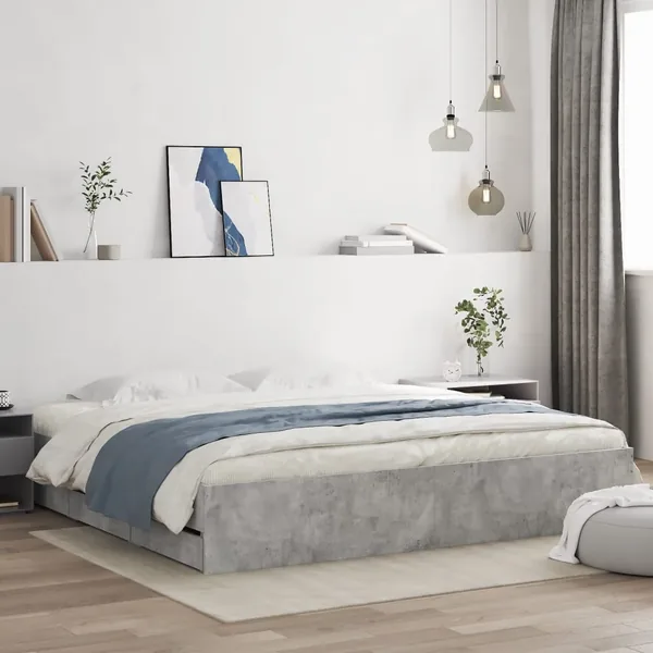 Cadre de lit avec tiroirs sans matelas gris béton 200x200 cm