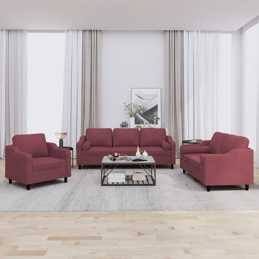 Ensemble de canapés 3 pcs avec coussins rouge bordeaux tissu