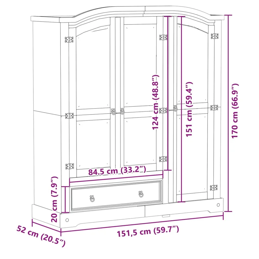 Garde-robe Corona 151,5x52x170 cm bois de pin massif - 9