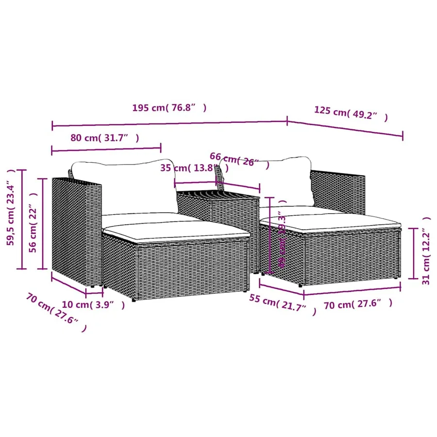 Salon de jardin 5 pcs avec coussins noir résine tressée acacia - 11